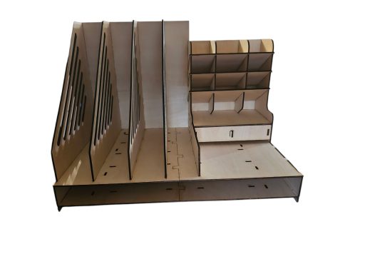 Display shelving unit with multiple compartments and drawers for organization.